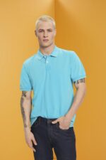 Men Esprit Aqua Green Stone-washed cotton pique polo shirt Polos XF4444708