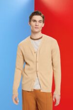 Men Esprit Beige V-neck sustainable cotton cardigan Sweaters XF4444775
