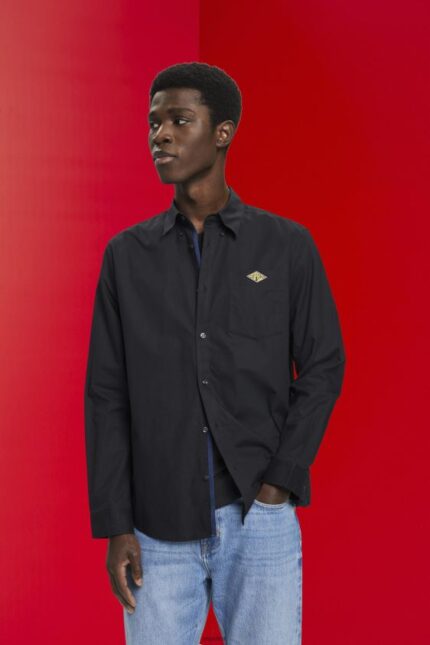 Men Esprit Black Button-down cotton shirt Shirts XF4444658