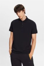 Men Esprit Black Cotton Mesh Polo Shirt Polos XF4444566
