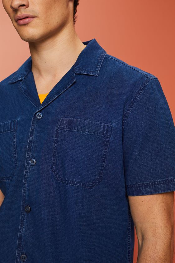 Men Esprit Blue Dark Wash Short-Sleeved Denim Shirt Shirts XF4444595 - Image 3