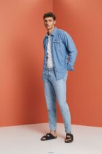 Men Esprit Blue Light Wash Cotton denim shirt Shirts XF4444732 - Image 2