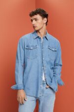 Men Esprit Blue Light Wash Cotton denim shirt Shirts XF4444732