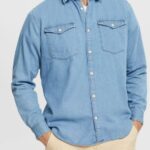 Men Esprit Blue Light Wash Denim shirt Shirts XF4444834