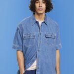 Men Esprit Blue Medium Wash Boxy denim short-sleeved shirt Shirts XF4444670