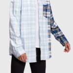 Men Esprit Blue Mixed check patchwork flannel shirt Shirts XF4444789