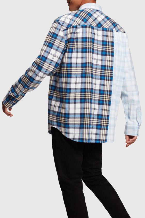 Men Esprit Blue Mixed check patchwork flannel shirt Shirts XF4444789 - Image 3