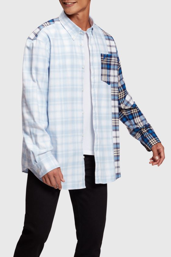 Men Esprit Blue Mixed check patchwork flannel shirt Shirts XF4444789 - Image 1