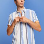 Men Esprit Bright Blue Striped short sleeve shirt, 100% cotton Shirts XF4444612