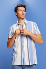 Men Esprit Bright Blue Striped short sleeve shirt, 100% cotton Shirts XF4444612