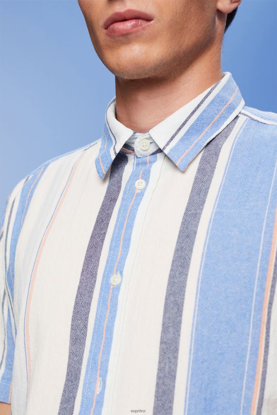 Men Esprit Bright Blue Striped short sleeve shirt, 100% cotton Shirts XF4444612 - Image 3