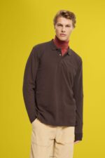 Men Esprit Dark Brown Long sleeve pique polo shirt Polos XF4444836