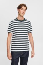 Men Esprit Dark Teal Green Striped crewneck T-shirt T-Shirts XF4444769