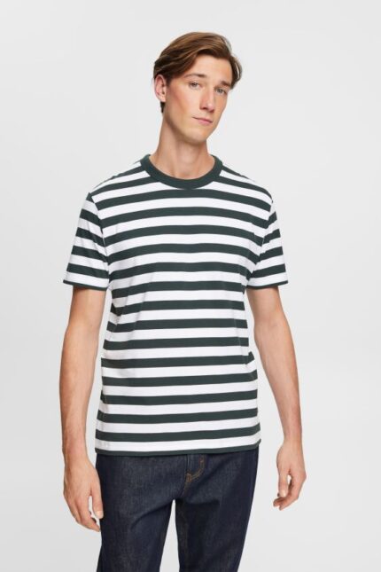 Men Esprit Dark Teal Green Striped crewneck T-shirt T-Shirts XF4444769