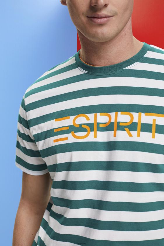 Men Esprit Emerald Green Sustainable cotton striped T-shirt T-Shirts XF4444741 - Image 3