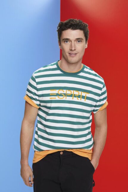 Men Esprit Emerald Green Sustainable cotton striped T-shirt T-Shirts XF4444741