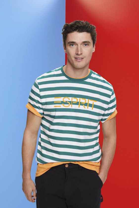 Men Esprit Emerald Green Sustainable cotton striped T-shirt T-Shirts XF4444741 - Image 1