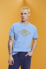 Men Esprit Light Blue Lavender Logo print cotton t-shirt T-Shirts XF4444627