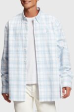Men Esprit Light Blue Plaid flannel shirt Shirts XF4444791