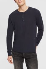 Men Esprit Navy Long sleeve waffle pique top, 100% cotton Long Sleeve XF4444822