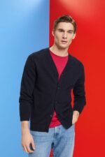 Men Esprit Navy V-neck sustainable cotton cardigan Sweaters XF4444776