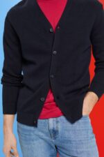 Men Esprit Navy V-neck sustainable cotton cardigan Sweaters XF4444776 - Image 3