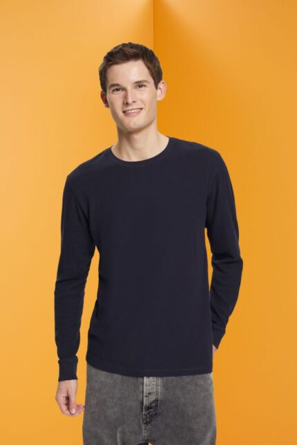 Men Esprit Navy Waffle pique long sleeve top Long Sleeve XF4444824