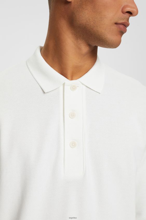 Men Esprit Off White Long sleeve pique polo shirt Polos XF4444951 - Image 3