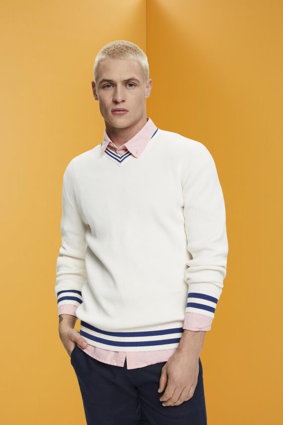 Men Esprit Off White V-neck sustainable cotton jumper Sweaters XF4444725 - Image 1