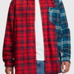Men Esprit Red Mixed check patchwork flannel shirt Shirts XF4444790