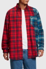 Men Esprit Red Mixed check patchwork flannel shirt Shirts XF4444790