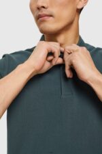 Men Esprit Teal Blue Pima cotton pique polo shirt Polos XF4444927 - Image 3