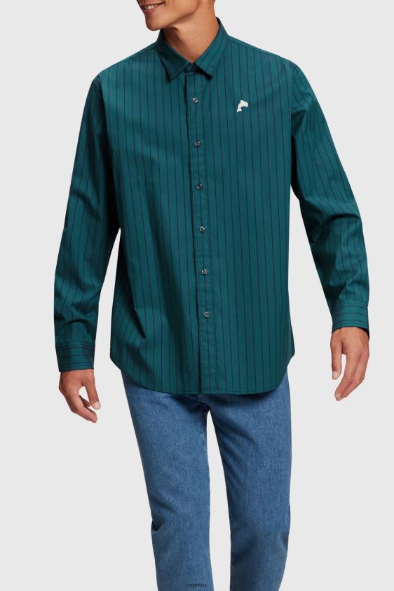 Men Esprit Teal Blue Relaxed fit striped poplin shirt Shirts XF4444797 - Image 2