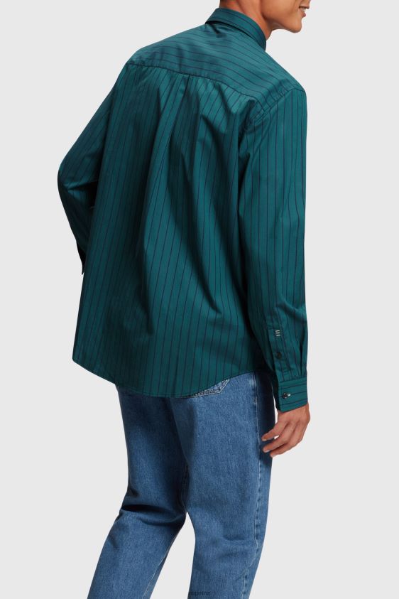 Men Esprit Teal Blue Relaxed fit striped poplin shirt Shirts XF4444797 - Image 3