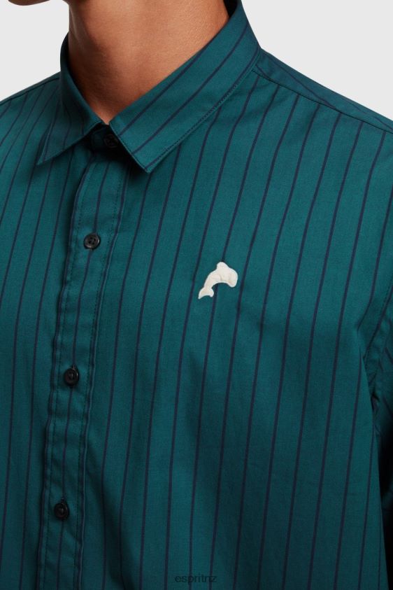 Men Esprit Teal Blue Relaxed fit striped poplin shirt Shirts XF4444797 - Image 4