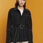 Women Esprit Black Belted twill jacket Jackets XF4444291