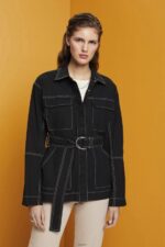 Women Esprit Black Belted twill jacket Jackets XF4444291