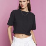 Women Esprit Black Cropped crewneck T-shirt T-Shirts XF4444193
