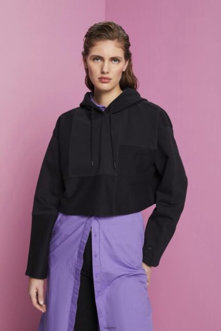 Women Esprit Black Cropped patchwork hoodie Sweatshirts & Hoodies XF4444288