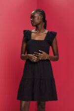 Women Esprit Black Jersey dress with embroidered lace sleeves Dresses XF444459