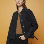 Women Esprit Black Medium Wash Collarless denim jacket with drawstrings Jackets XF4444297