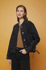 Women Esprit Black Medium Wash Collarless denim jacket with drawstrings Jackets XF4444297