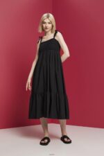 Women Esprit Black Midi dress with embroidery, LENZING ECOVERO Dresses XF4444204