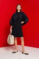 Women Esprit Black Mockneck pleated midi dress with short-sleeves Dresses XF4444120 - Image 2