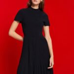 Women Esprit Black Mockneck pleated midi dress with short-sleeves Dresses XF4444120