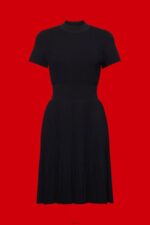 Women Esprit Black Mockneck pleated midi dress with short-sleeves Dresses XF4444120 - Image 5