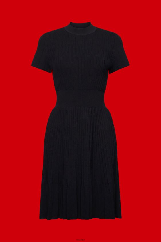 Women Esprit Black Mockneck pleated midi dress with short-sleeves Dresses XF4444120 - Image 5