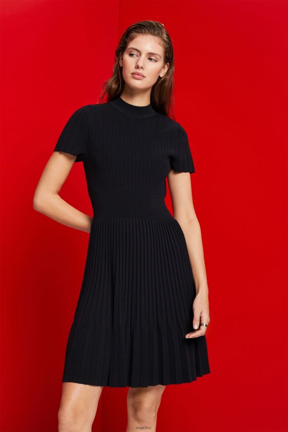 Women Esprit Black Mockneck pleated midi dress with short-sleeves Dresses XF4444120 - Image 1
