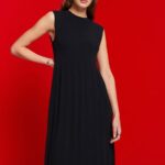 Women Esprit Black Pleated and sleeveless maxi dress with crewneck Dresses XF4444124
