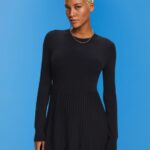 Women Esprit Black Pleated mini dress with long-sleeves & crewneck Dresses XF4444127